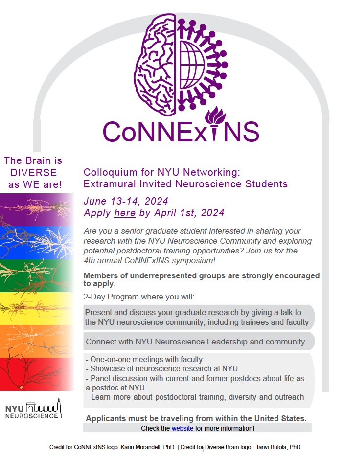Neuroscience Institute at NYU Langone Health (@nyulh_neuro) on Twitter photo 📢Our 4th annual #CoNNExINS Symposium with <a href="/NYU_CNS/">NYU Center for Neural Science</a> is on June 13-14! If you are a senior neuro grad student & would like to come spend 2 days presenting your work & networking with the NYU Neuroscience community 🧠 Apply by April 1: wp.nyu.edu/connexins/
#DiversityinSTEM 📢Our 4th annual #CoNNExINS Symposium with <a href="/NYU_CNS/">NYU Center for Neural Science</a> is on June 13-14! If you are a senior neuro grad student & would like to come spend 2 days presenting your work & networking with the NYU Neuroscience community 🧠 Apply by April 1: wp.nyu.edu/connexins/
#DiversityinSTEM