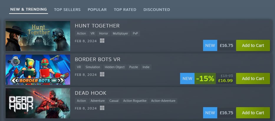 After yesterday's release, Border Bots VR is now second in 'New & Trending' for VR titles on Steam! 😍

Explore more: 🤖 bit.ly/BBVR-TW