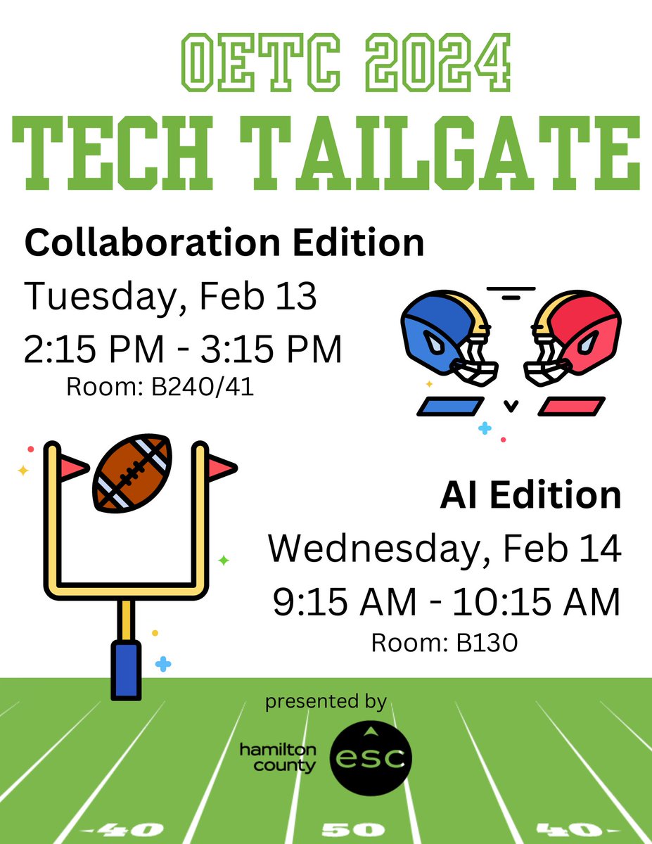 📣Are you headed to <a href="/OhioEdTech/">OETC (Ohio Educational Technology Conference)</a> next week? 📣You won’t want to miss the <a href="/HamiltonCoESC/">HCESC</a> Tech Tailgates! These sessions are so much fun- be ready to move quickly, learn A LOT, and have fun with the TAG team! Look for the green🟢 and pom poms!!