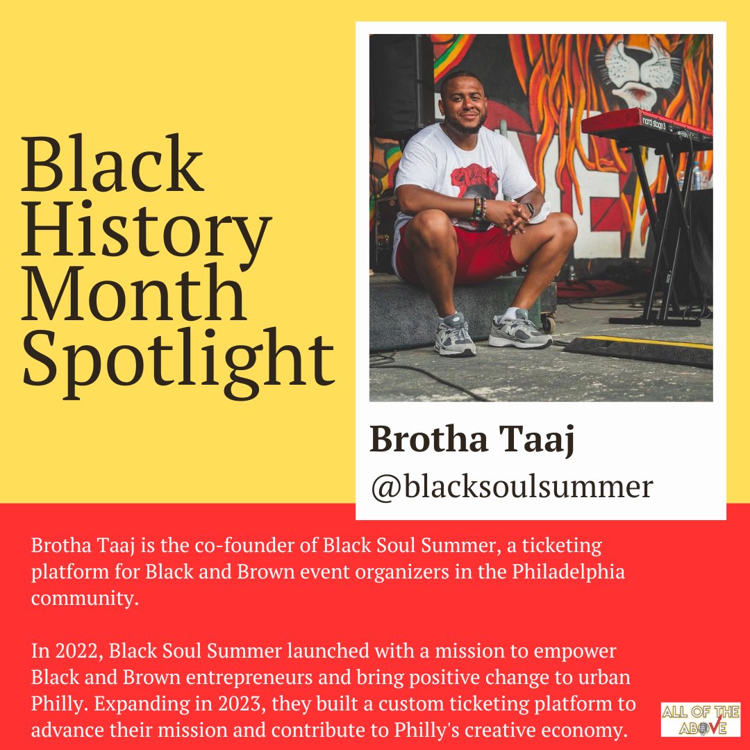 Our second #BlackHistoryMonth spotlight goes to <a href="/BrothaTaaj/">DJ TAAJ</a>, Co-Founder of <a href="/BlackSoulSummer/">Black Soul Summer</a>.

After building a custom ticketing platform in 2023, #BlackSoulSummer has hosted 140+ events in the Philadelphia community in collaboration with 40+ Black and Brown event organizers.