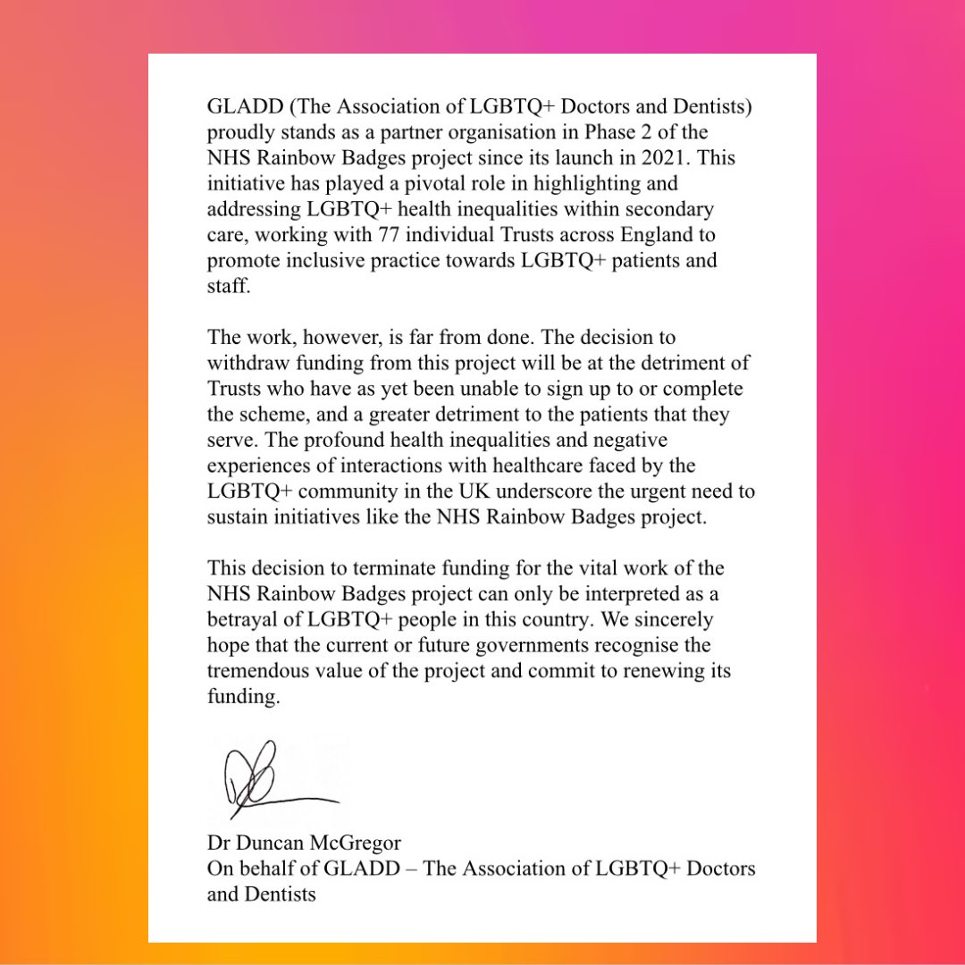 We at GLADD are devastated to hear that the @RainbowNHSBadge project is ending

It has been pivotal in extending compassion to LGBTQ+ HCPs & patients, & we love to see rainbow badges worn with pride

We commend the fantastic work pioneered by @DrMikeFarquhar at @EvelinaLondon