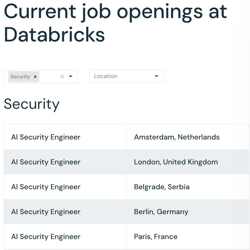 The <a href="/databricks/">Databricks</a> Security Team is hiring AI Redteamers. Remote is also an option so don't let the location deter you.
databricks.com/company/career…