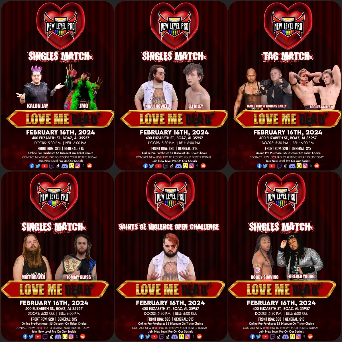 🚨NEXT FRIDAY🚨 

Join NLP as we debut at the Boaz Recreation Center on Friday, 2/16, with “Love Me Dead”!

🚪- 5:30 p.m. | 🔔- 6:00 p.m.

Message the page to pre-order your seats today to guarantee the best seating available and secure five dollars off each ticket!