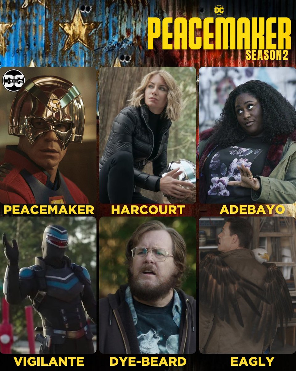 DCFilmNews's tweet photo. The cast/characters returning to PEACEMAKER Season 2 confirmed by James Gunn https://t.co/0ljEBzqM9C