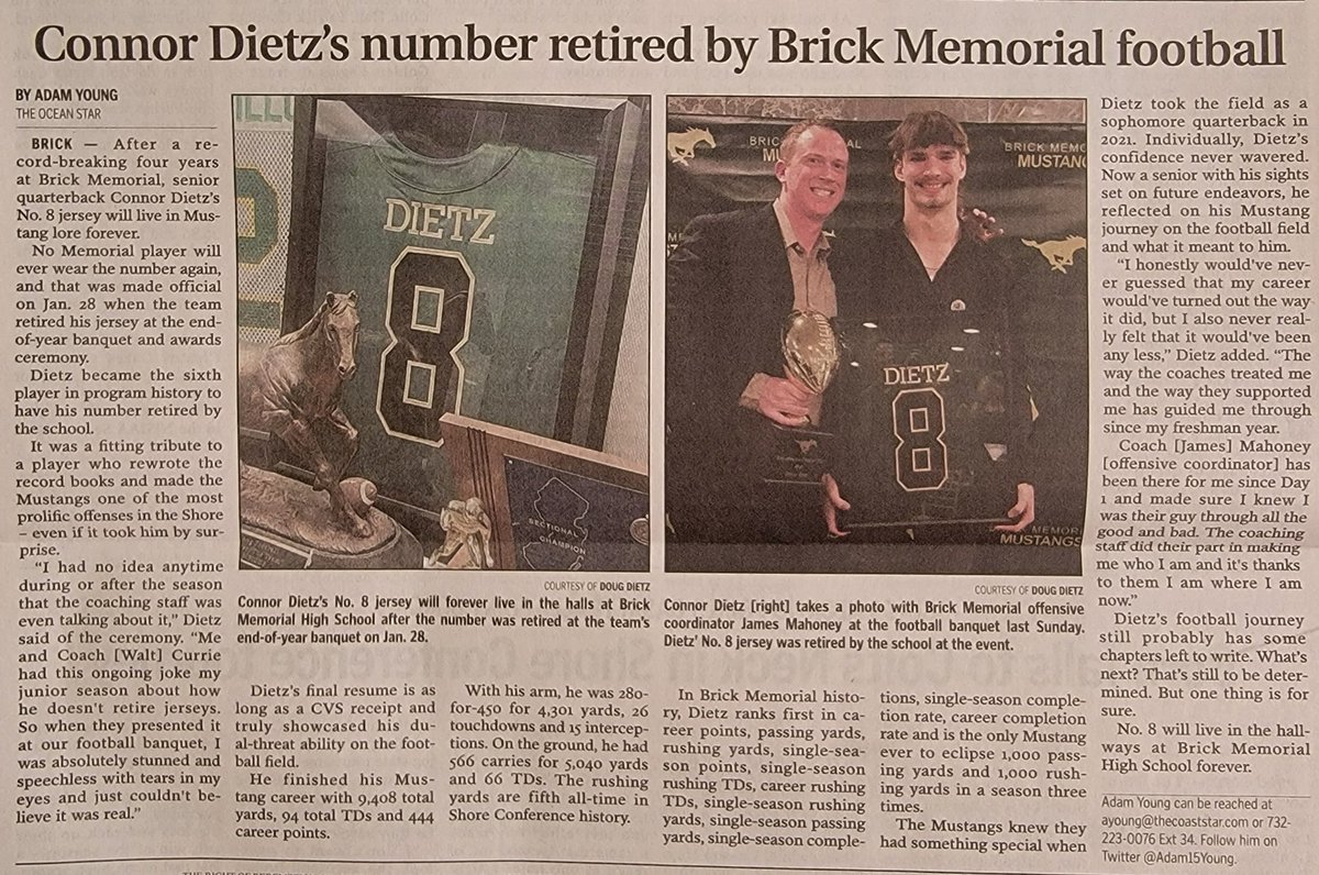 Connor Dietz (@connordietz6) on Twitter photo I'd like to give a special shout out and thank you to <a href="/Adam15Young/">Adam Young</a> and <a href="/StarNewsGroup/">Star News Group</a> for all of their support and great stories and coverage of my team and I over these past 3 years. Thank you!
🏴☠️🐎🏴☠️❤️
<a href="/BrickMemorialFB/">Brick Memorial FB</a> @ShoreSportsNet <a href="/BMSTANGSports/">BMSports</a> I'd like to give a special shout out and thank you to <a href="/Adam15Young/">Adam Young</a> and <a href="/StarNewsGroup/">Star News Group</a> for all of their support and great stories and coverage of my team and I over these past 3 years. Thank you!
🏴☠️🐎🏴☠️❤️
<a href="/BrickMemorialFB/">Brick Memorial FB</a> @ShoreSportsNet <a href="/BMSTANGSports/">BMSports</a>