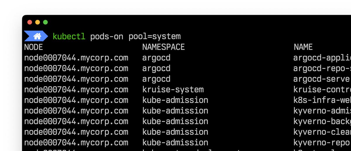 Releasing a new `kubectl` plugin today that let's you query the list of Pods running on one or more nodes: $ kubectl pods-on <nodeName | selector...> github.com/ahmetb/kubectl… It's been super handy in my day-to-day troubleshooting and on the spot analysis of our fleet.