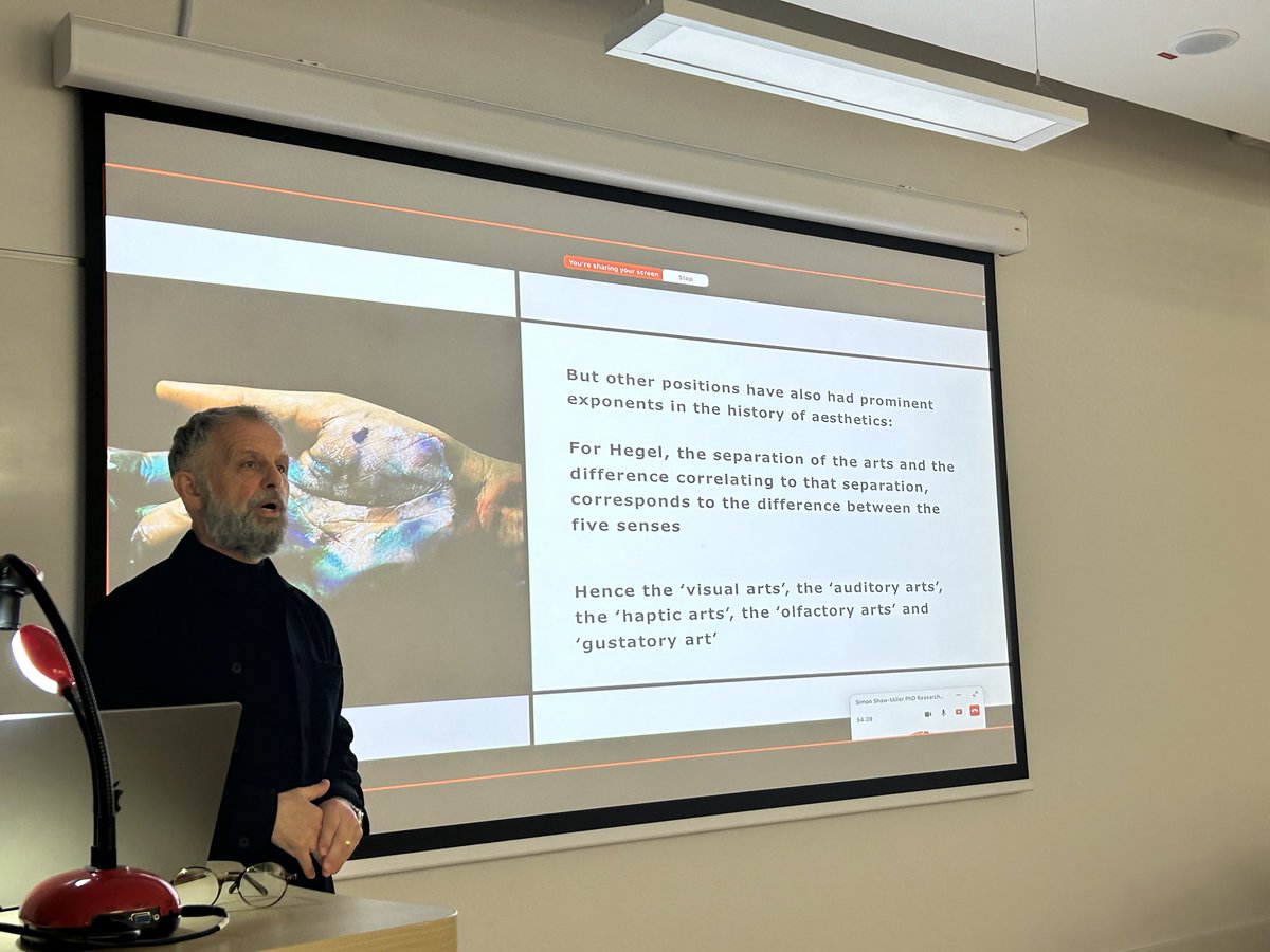 Delighted to welcome Prof @SimonShawMiller to our Belfast campus for a joint PhD seminar <a href="/UlsterArts/">Arts and Humanities</a> &amp; <a href="/BelfastSchArt/">Belfast School of Art</a> on, appropriately enough, interrelations between art forms, connecting with his book ‘Improvision: Orphic Art in the Age of Jazz’

🙏 @Adam_Melvin for organising
