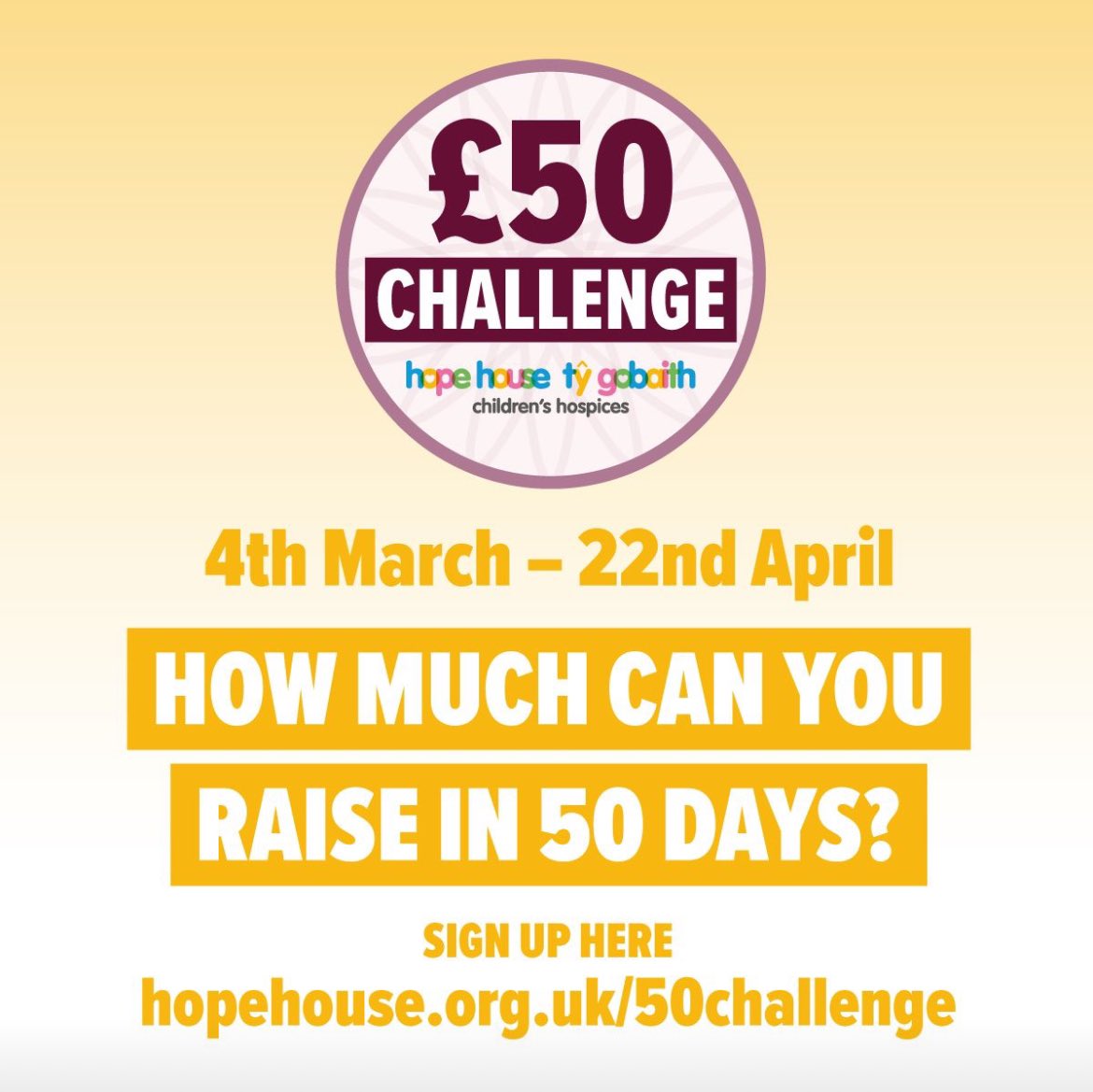 Are you ready to take on the challenge? 

We’ll give you £50 and challenge you to use it to raise as much as you can in 50 days! The perfect challenge for groups, teams or businesses - or anyone!  What would you do with your £50? 

Let me know if you’d like to find out more 😊
