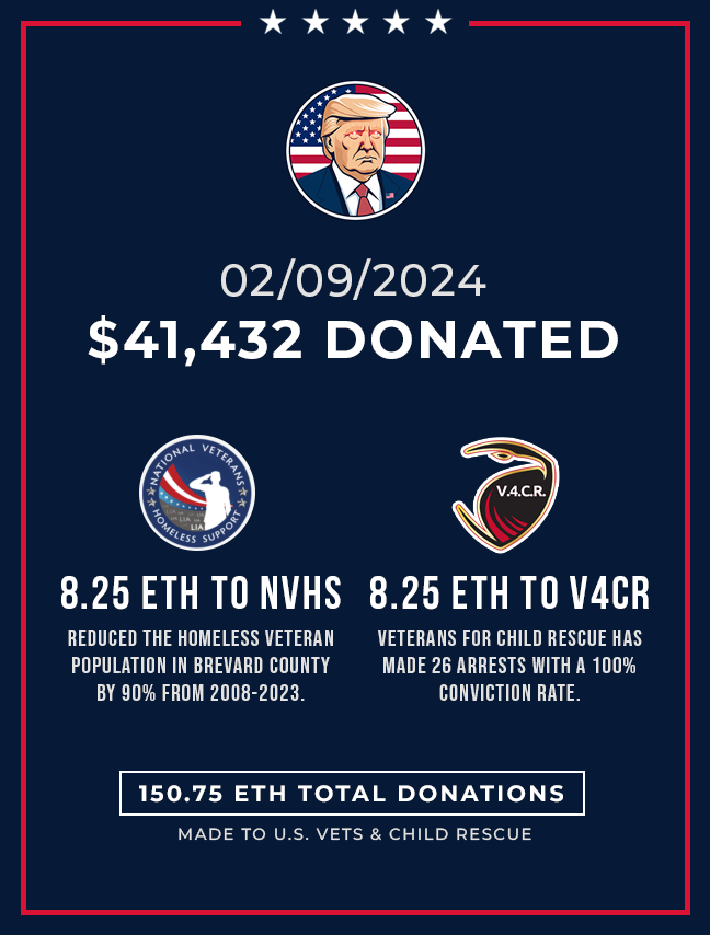 MAGAMemecoin's tweet photo. Today we've sent 8.25 $ETH to both National Veterans Homeless Support and Veterans for Child Rescue worth $41,432. This is our 26th consecutive week of making donations now totaling 150.75 Ethereum.
@NVHS @V4CR_official
