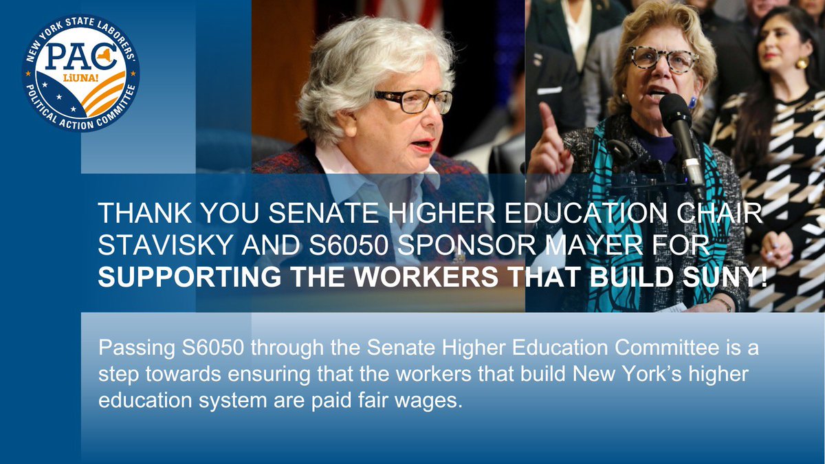This week, S6050 moved through the Senate Higher Education Committee and is now one step closer to bringing prevailing wages to the hardworking New Yorkers that build SUNY!

Thank you to Chair <a href="/tobystavisky/">Toby Ann Stavisky</a> and <a href="/ShelleyBMayer/">Senator Shelley Mayer</a> for your support!