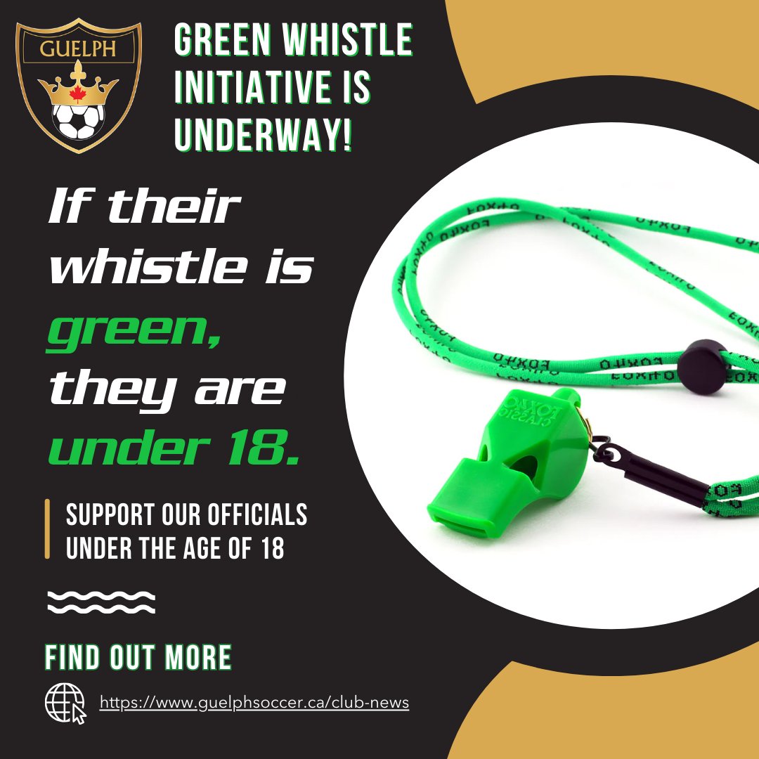 GuelphSoccerClb's tweet photo. We are committed to providing a safe, respectful environment for everyone, including match officials. Most of our new officials are under the age of 18 and received a green whistle they are encouraged to start using during their matches as a visual reminder to show respect. https://t.co/V54fRujnAf