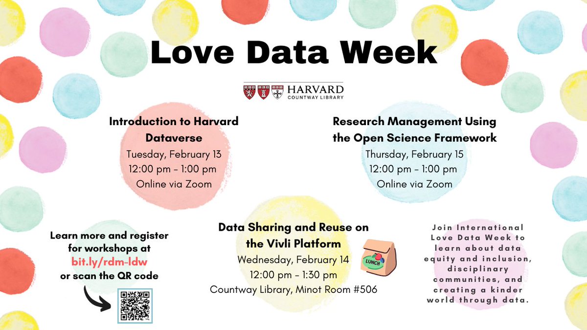 LMA Research Data Management Working Group (@lmardmwg) on Twitter photo Happy #LoveDataWeek! ❤️
With growing emphasis on data sharing <a href="/HarvardLibrary/">Harvard Library</a> supports three <a href="/NIHDataScience/">NIH Office of Data Science Strategy</a> recommended repositories: <a href="/HarvardDV/">Harvard Dataverse</a> <a href="/OSFramework/">Center for Open Science</a> <a href="/VivliCenter/">Vivli</a>.
Join us to learn how these platforms support various communities <a href="/Harvard/">Harvard University</a> ➡️ bit.ly/rdm-ldw Happy #LoveDataWeek! ❤️
With growing emphasis on data sharing <a href="/HarvardLibrary/">Harvard Library</a> supports three <a href="/NIHDataScience/">NIH Office of Data Science Strategy</a> recommended repositories: <a href="/HarvardDV/">Harvard Dataverse</a> <a href="/OSFramework/">Center for Open Science</a> <a href="/VivliCenter/">Vivli</a>.
Join us to learn how these platforms support various communities <a href="/Harvard/">Harvard University</a> ➡️ bit.ly/rdm-ldw