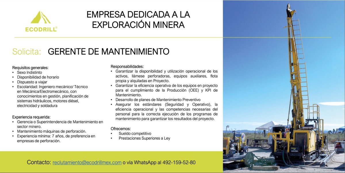 EcodrillMining's tweet photo. Contamos con #Vacante para Gerente de Mantenimiento. Interesados enviar CV al correo reclutamiento@ecodrillmex.com
#ECODRILL #ESR https://t.co/owVSt3pkcd