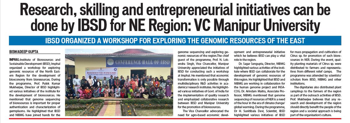 @FollowDbtNibmg jointly with @DBT_IBSD conducted a workshop on exploring genomic resources of NER for development of Bioeconomy from Bioresources. Dr. Sagar Sengupta, Director NIBMG highlighted various areas of potential collaboration in his talk @DrJitendraSingh @rajesh_gokhale