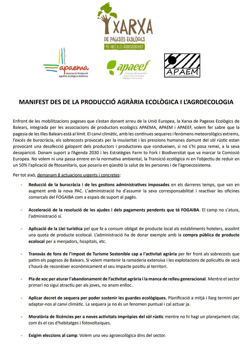 PagesosMallorca's tweet photo. Ido sí, els pagesos ecològics de les 4 illes demanam això tan concís. Gestionam el 20% de la superfície agrària. Avui el Conseller no ens ha volgut rebre, però un dia ens hauran d'escoltar. Noltros endavant! https://t.co/uCVSt24y1B
