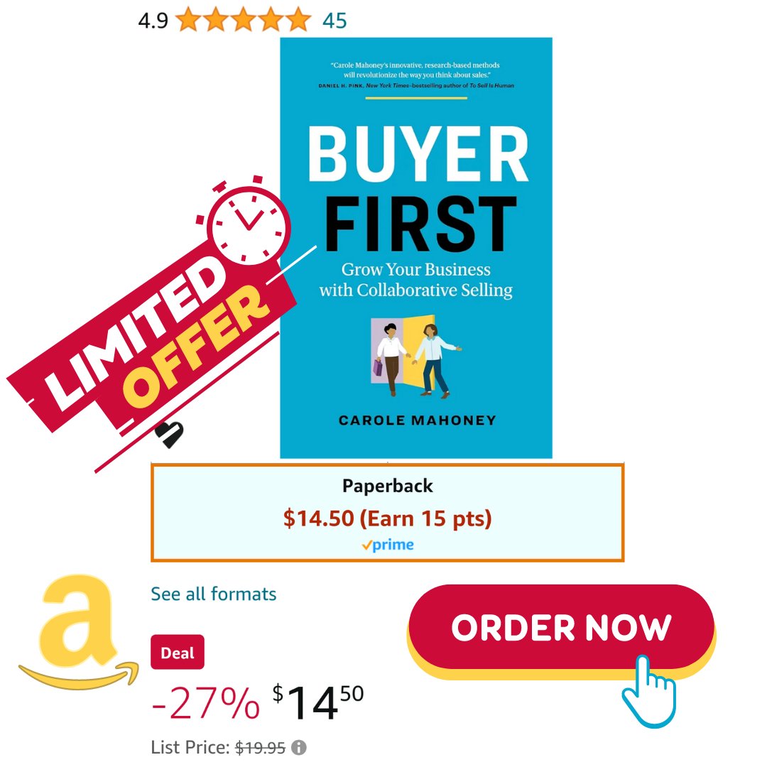 📣 Sales professionals & entrepreneurs: Don't let this #amazonbook limited offer slip through your fingers! 😲 Haven't grabbed your copy of @icarolemahoney's #BuyerFirst yet? Well, now is the time to revolutionize your sales strategy & results! 🛒amzn.to/3HUqj67