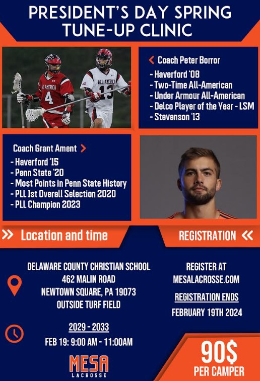 phillylacrosse's tweet photo. 2024 Presidents' Day - Spring Tune-Up Clinic
by @mesalacrosse
February 19
2029-2033 boys
Led by Grant Ament &amp; Peter Borror
9-11 a.m. at Delaware County Christian School https://t.co/1xa7ZqhqnK https://t.co/1qU2Ibyl1w