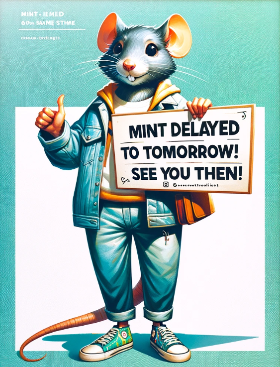 🚨 Mint Update 🚨
We're shifting our mint to tomorrow:

Saturday 02/10  19:00 UTC FreeMint

Thanks for your patience and support.

Like/Ret &amp; Drop your wallet for WL Freemint Spots