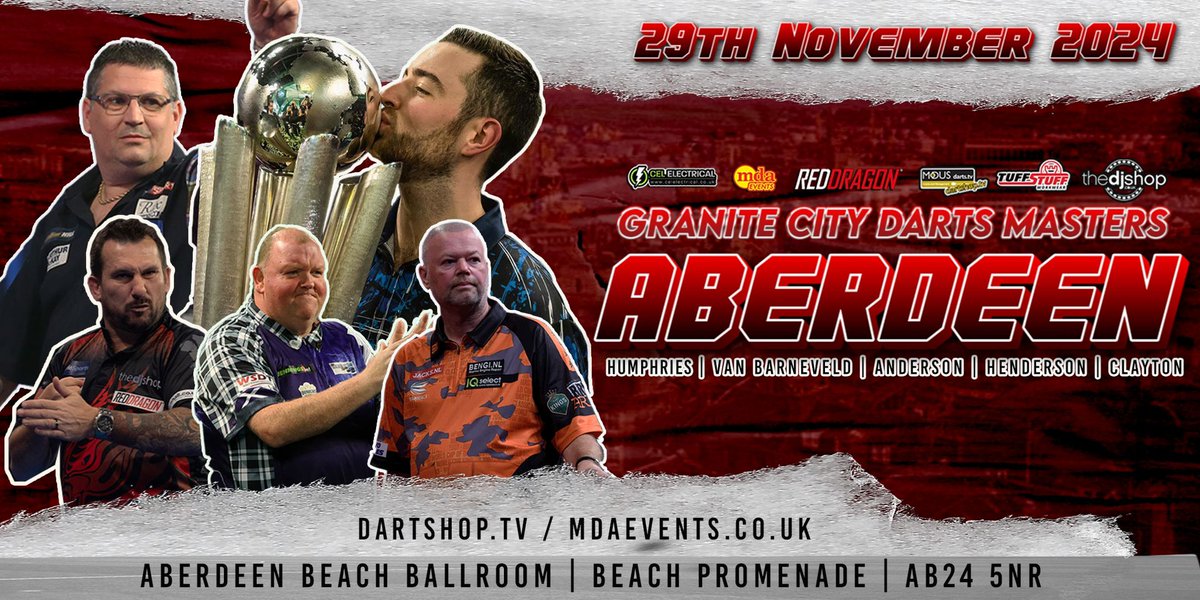 🚨NEW SHOW ANNOUNCEMENT🚨 The Granite City Darts Masters comes to Aberdeen this November! 🧊Humphries 🚂Anderson 🐯van Barneveld 🐹Clayton 🏴󠁧󠁢󠁳󠁣󠁴󠁿Henderson Tickets available at the end of February!