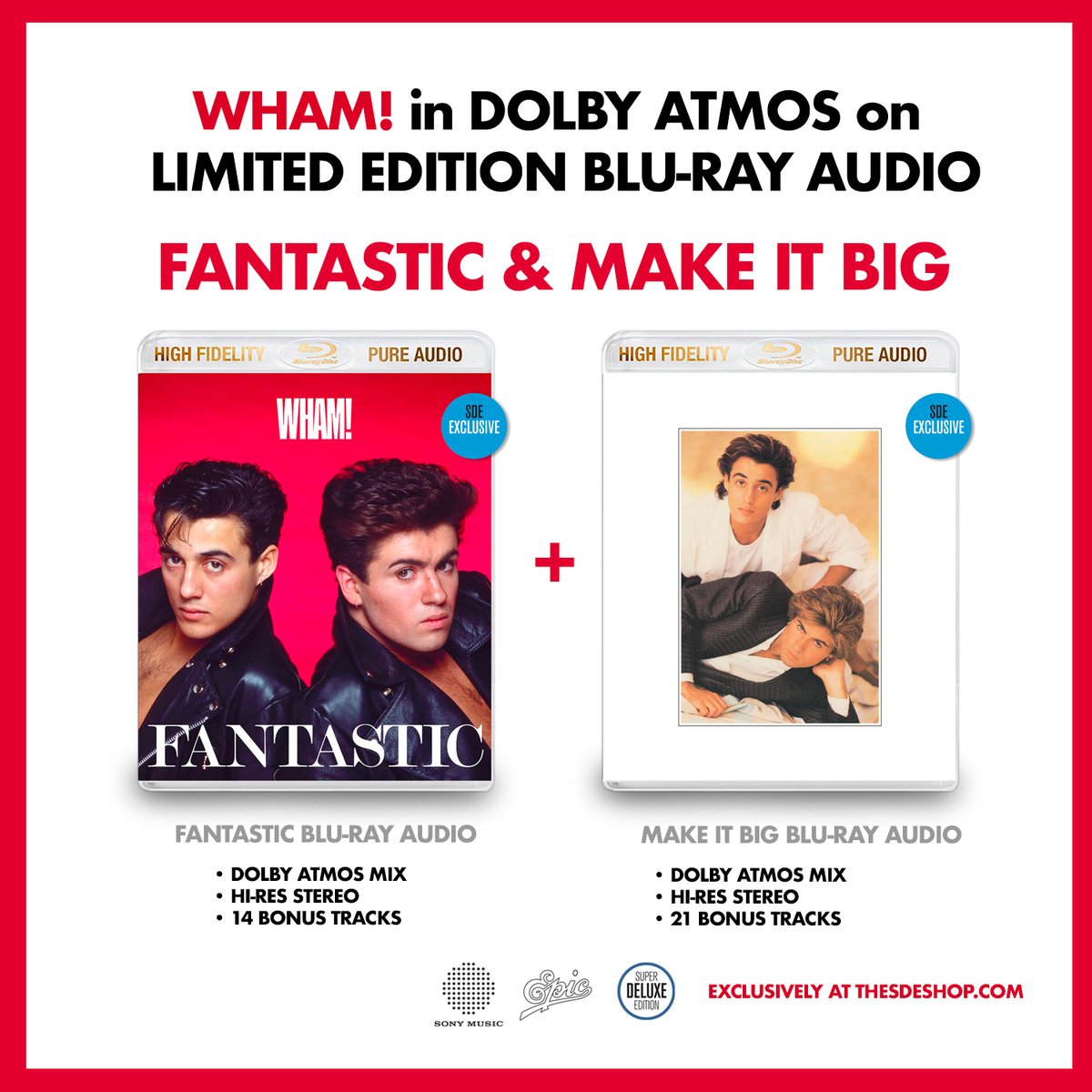 Enjoy Wham!'s classic studio albums, 'Fantastic' and 'Make It Big', in immersive #DolbyAtmos via these two blu-ray audios. Available exclusively via @thesdeshop, these also feature hi-res stereo & rare bonus tracks. Available for a limited time only! wham.lnk.to/VinylReleases