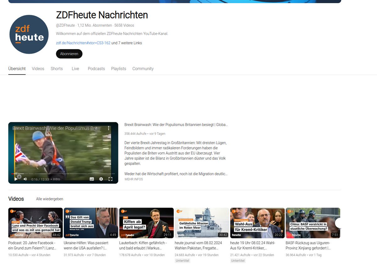 Der Youtube Kanal von #ZDFheute,
0% Info, 100% Propaganda, bezahlt mit euren Gebühren
#nützlicheIdioten #ZDF