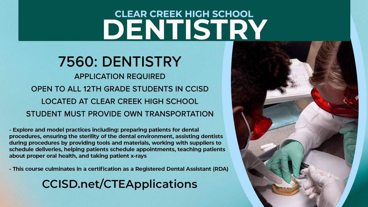 ClearCreekISD_CTE (@ccisd_cte) on Twitter photo 13 #CTE specialty programs <a href="/ClearCreekISD/">Clear Creek ISD</a>
- Applications open now!
<a href="/ClearBrookHS/">Clear Brook HS</a> <a href="/CreekWildcats/">Clear Creek Wildcats</a> <a href="/Clear_LakeHS/">CLHS</a> <a href="/CFHS_Knights/">Clear Falls Knights</a> <a href="/ClearSpringsHS/">Clear Springs HS</a> <a href="/ClearView_HS/">Clear View H. S.</a>
For more info and to apply: CCISD.net/CTE 13 #CTE specialty programs <a href="/ClearCreekISD/">Clear Creek ISD</a>
- Applications open now!
<a href="/ClearBrookHS/">Clear Brook HS</a> <a href="/CreekWildcats/">Clear Creek Wildcats</a> <a href="/Clear_LakeHS/">CLHS</a> <a href="/CFHS_Knights/">Clear Falls Knights</a> <a href="/ClearSpringsHS/">Clear Springs HS</a> <a href="/ClearView_HS/">Clear View H. S.</a>
For more info and to apply: CCISD.net/CTE