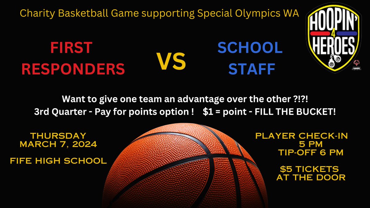FifePD's tweet photo. Have you heard about the Hoopin’ 4 Heroes Charity Basketball Game?! If you haven’t already, SAVE THE DATE for this fun and past paced basketball game! First Responders vs School Staff! Food Truck on site, Pay for Points, T-shirts, and entertainment! Bring the family! https://t.co/fkaOB1b2VV