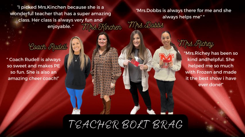 MalcomBridgeMS's tweet photo. 👏 Congratulations to Coach Rudell, Mrs. Kinchen, Mrs. Dobbs, and Mrs. Richey for being selected by the Bolt Brag student winners as the Teacher Bolt Brags for the month! #OneTeam https://t.co/KwLaZLh2Vd