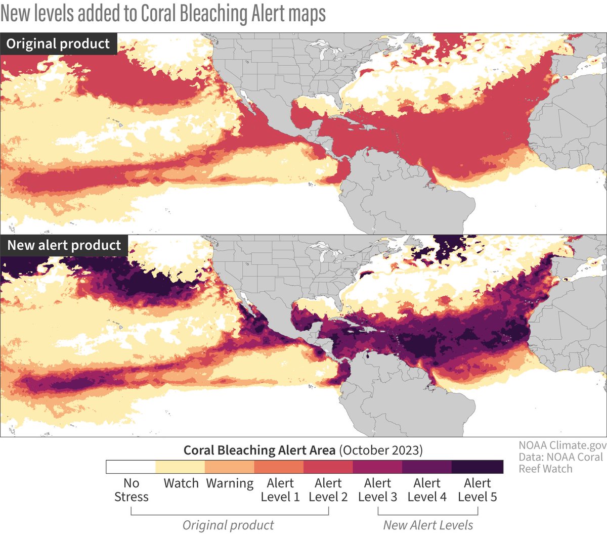 Wow! Welcome to the Anthropocene. “NOAA’s Coral Reef Watch introduced three new categories to their Bleaching Alert Levels, above the previously open-ended Level 2. Bleaching Alert Level 5, the new highest level, is categorized as a risk of “near complete mortality.” 1/