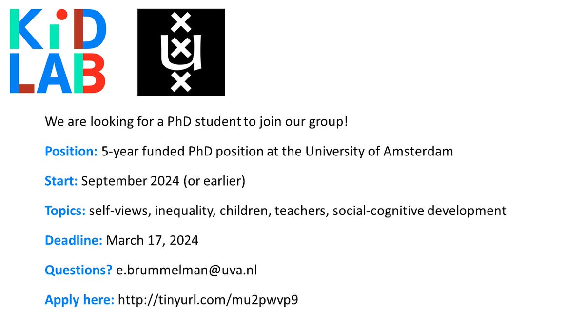 👋Come work with us at KiDLAB! We offer a funded 5-year PhD position to study how socioeconomic gets into children’s heads, and why that matters. The project will be supervised by Eddie Brummelman and Stefanie Nelemans. Apply by March 17! Spread the word! tinyurl.com/mu2pwvp9