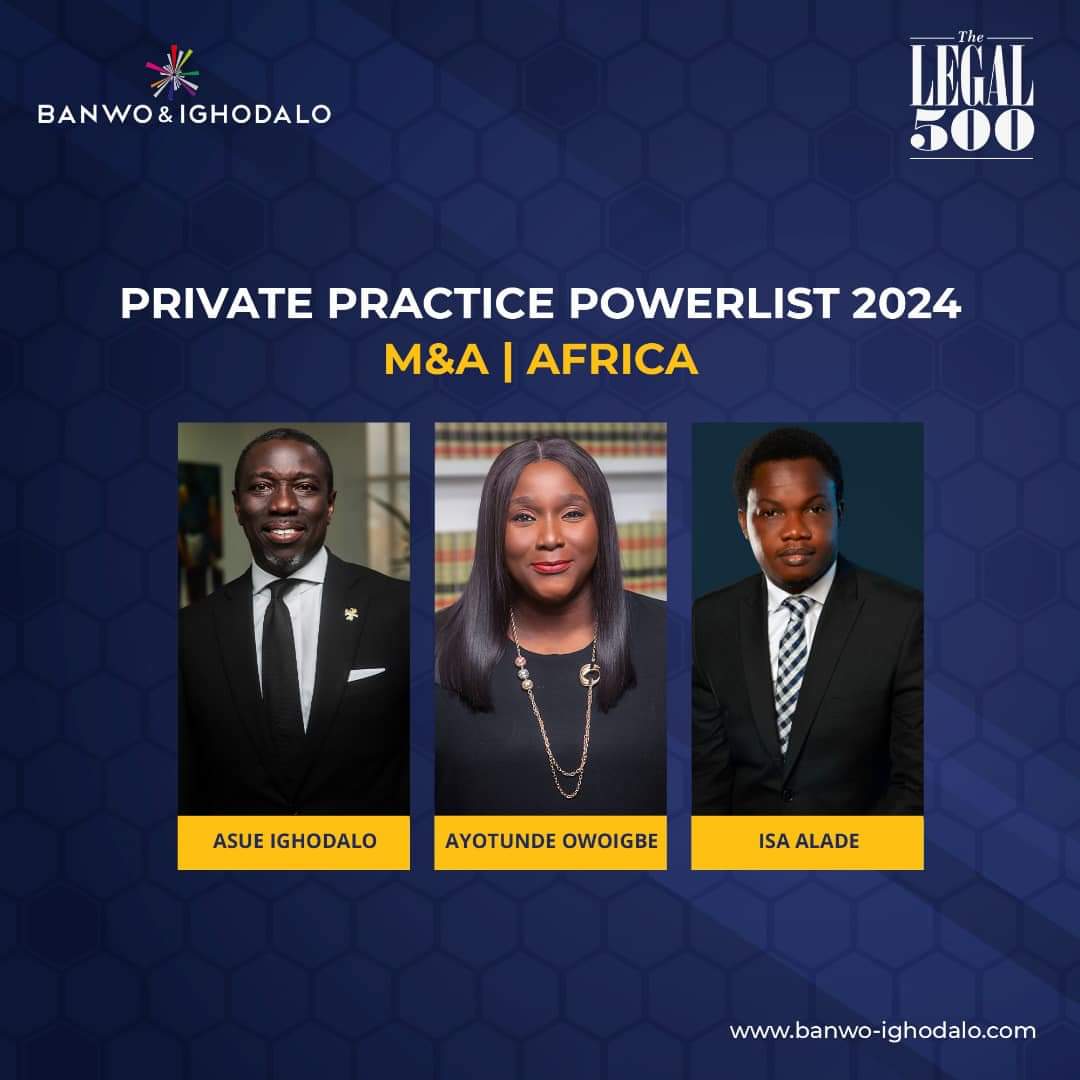 Congratulations to Asue Ighodalo, Ayotunde Owoigbe, and Isa Alade for being included in The Legal 500 Private Practice Powerlist 2024! Their legal expertise has set the standard for excellence in Africa.#Legal500 #MandAPowerlistAfrica2024 #MandA #LeadingLawyers #BanwoandIghodalo