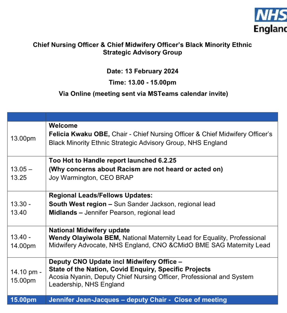 The next national meeting is on Tue 13 Feb 1024. 1-3pm. We’ll hear from regions @sunnysanderjac1 @JenniferJSP37 discuss the BRAP report “Too Hot to Handle” with @JWmusesthis National #Maternity update by @wendyolayiwola and hear national Nursing items from Dep CNO @AcosiaNyanin