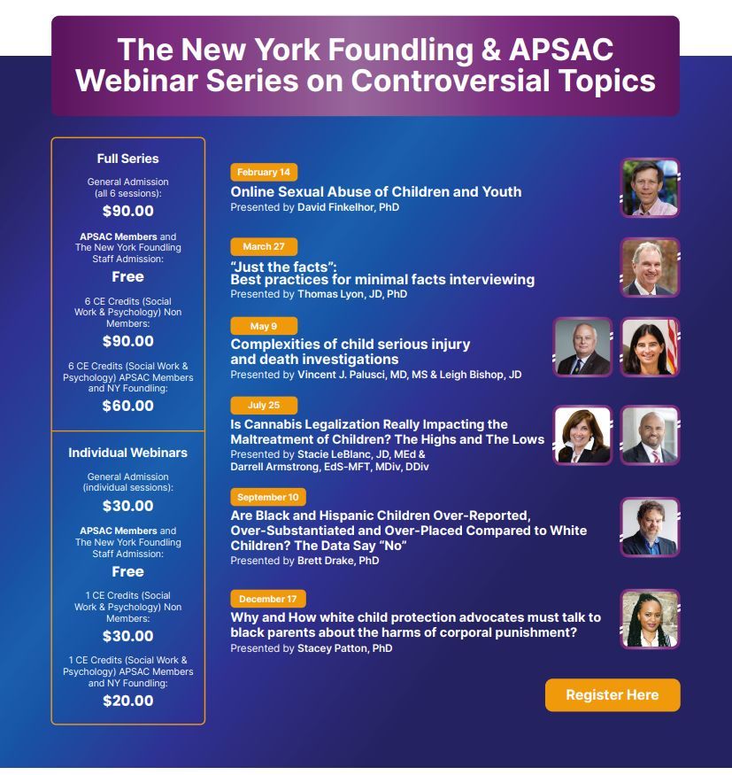 📆 Next week! The New York Foundling & APSAC's Webinar Series on Controversial Topics Begins February 14th! Register now! ⬇️ buff.ly/49oYoH2 #APSAC #TheNYFoundling #StrengtheningPracticeThroughKnowledge