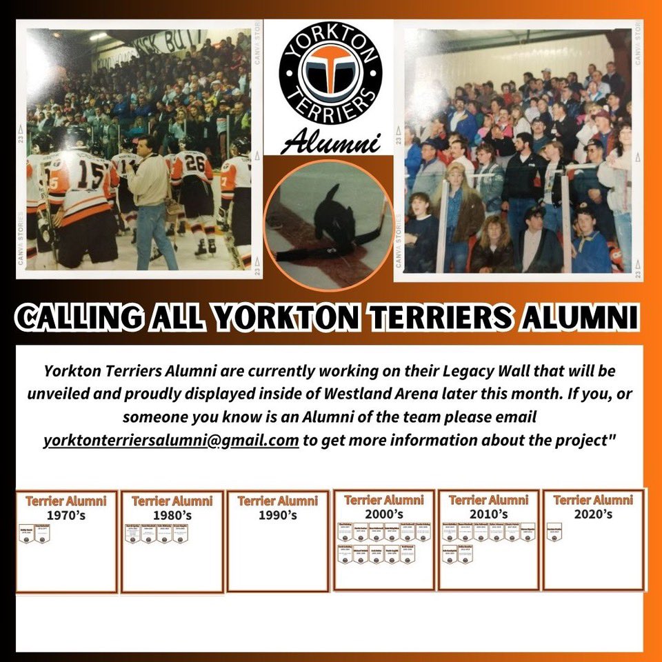 Calling All Yorkton Terrier Alumni!!!

If you are an Alumni or know one please share this with them. 

Working to keep The Yorkton Terriers rich history alive. 

For full details email yorktonterriersalumni@gmail.com

#Terriers4Life
#SJHL
#supportlocal
#ittakesavillage
