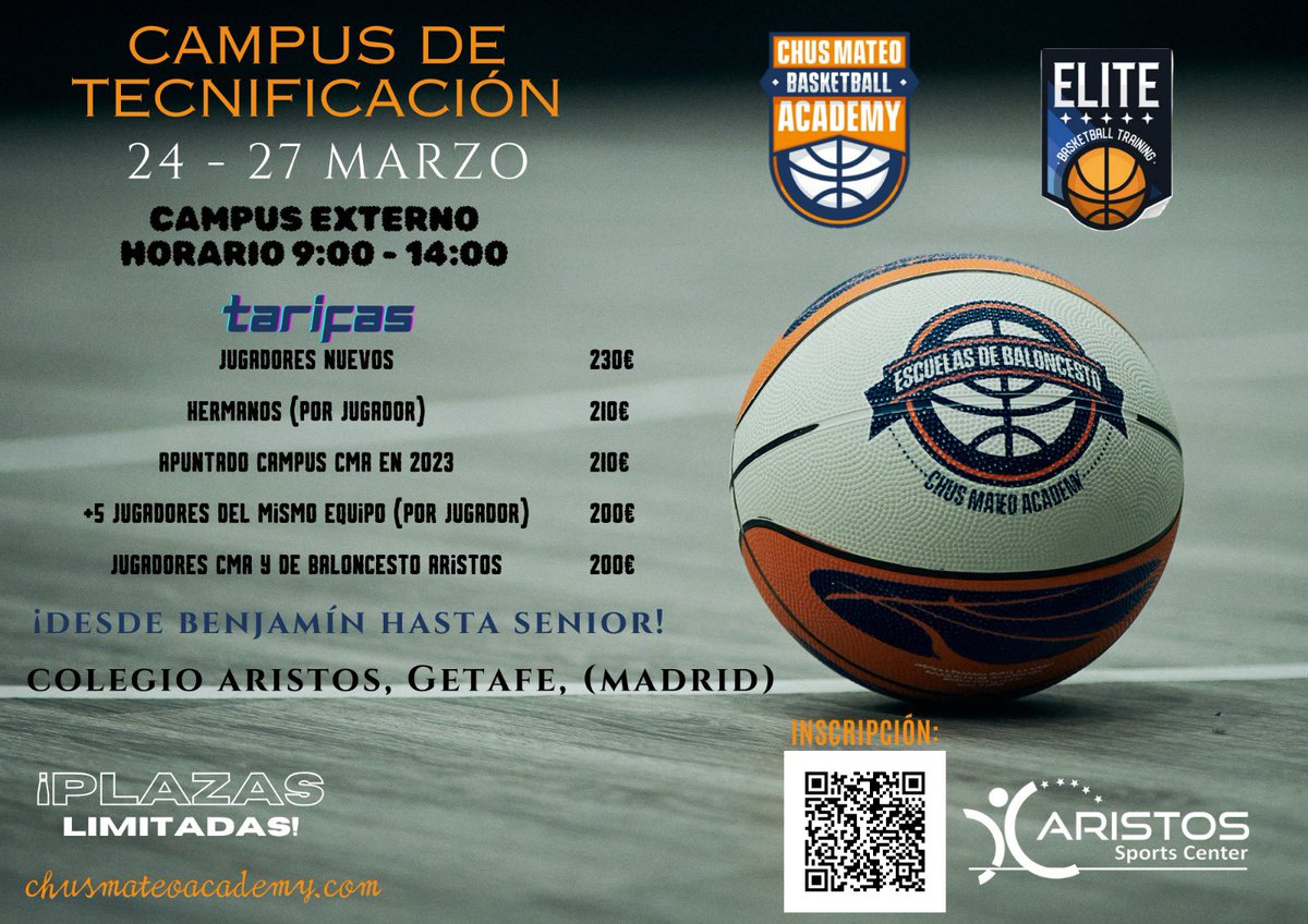 CAMPUS DE TECNIFICACIÓN SEMANA SANTA 🏀 5horas/4días (9:00-14:00) 📅 24-27 de Marzo ⛹🏼‍♀️Grupos reducidos 💰Descuentos varios ⛹🏻‍♂️Técnica individual, táctica individual y preparación física adaptada al baloncesto 🏢@BasketAristos(Getafe) +Info e inscripciones chusmateoacademy.com/campus-tecnifi…