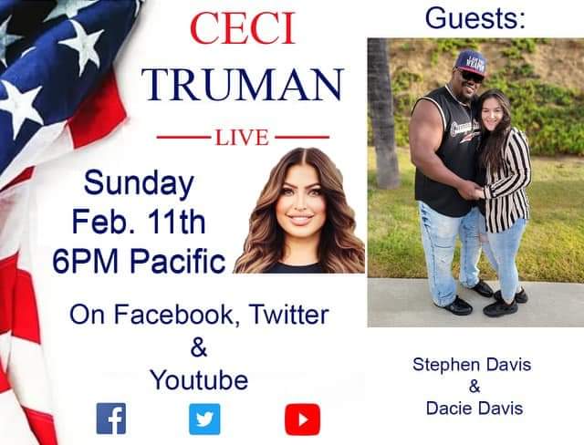 Join us live this Sunday, Feb. 11 at 6 PM for our very special episode with Dacie Sorino and Stephen Davis from #TurningPointUSA!! We will discuss love, marriage, and family, with some laughs in between! This will be a good one💘💌💘

Watch here,
YouTube: youtube.com/@CeciTrumanFor…