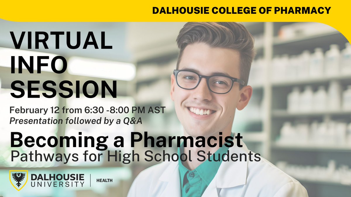 Do you know a high school student curious about becoming a pharmacist? We're holding an info session on Monday, Feb 12th from 6:30 - 8:00 PM. Register now: apply.dal.ca/register/?id=8…