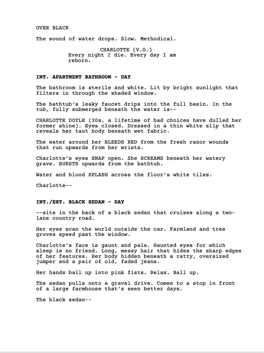 First 2 pages from THE HOLE IN THE WORLD, my haunted house / new weird cosmic horror script. 

#firstpagefriday