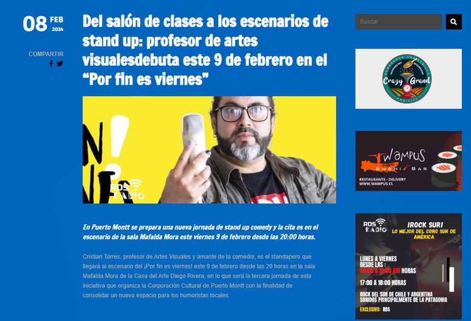 Hoy tenemos la 3° jornada de Stand up en la sala Mafalda Mora, que trae al ¡Por fin es viernes! al Cristian Torres.
Agradecemos a los medios que han ayudado a difundir las historias detrás de l@s humoristas que se han presentado en esta iniciativa que impulsa el equipo de la CCPM