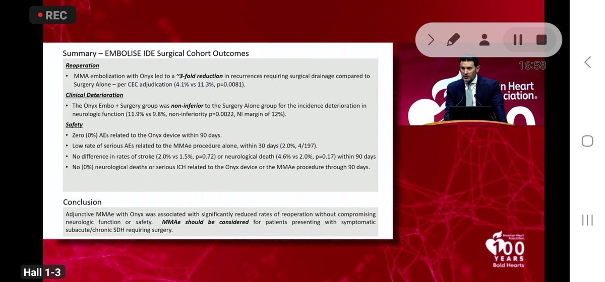 almuftifawaz's tweet image. EMBOLISE Trial: Surgical Cohort results announced at #ISC24

MMA embolization with Onyx led to a 3-fold reduction in recurrences requiring surgical drainage compared to
Surgery Alone - per CEC adjudication (4.1% vs 11.3%, p=0.0081).

NNT14!

#ISC24