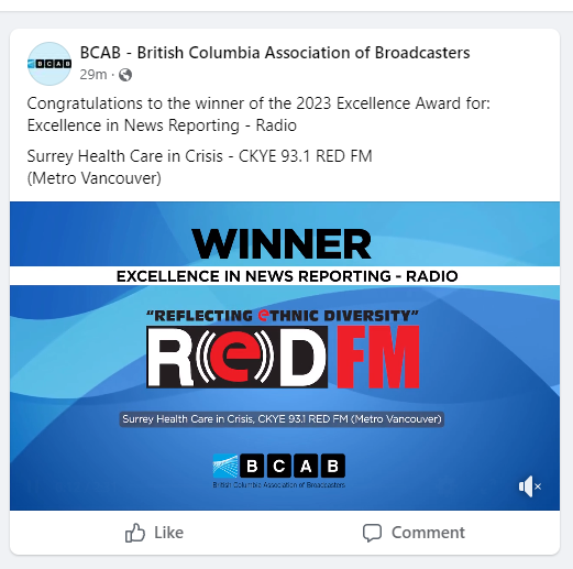 redfmvancouver's tweet photo. We're on a roll! Our news team has won the 2023 BCAB's Award for Excellence in News Reporting.  Congratulations to @harjindersthind @poojasekhon @GKHanjra @KamraParmeet @prabhklally Maninder Grewal. https://t.co/mY5SA1Yap0