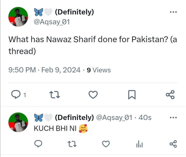 Madiha_Qtr_56's tweet photo. Best tweet of the day AWARD goes to @Aqsay_01 👏🏻🏆
Love you ho gaya 😂❤️
#ImranKhanFightingForPakistan #ImranKhan #Elections2024 #votePTI #ElectionResults https://t.co/0LKgw6rghd