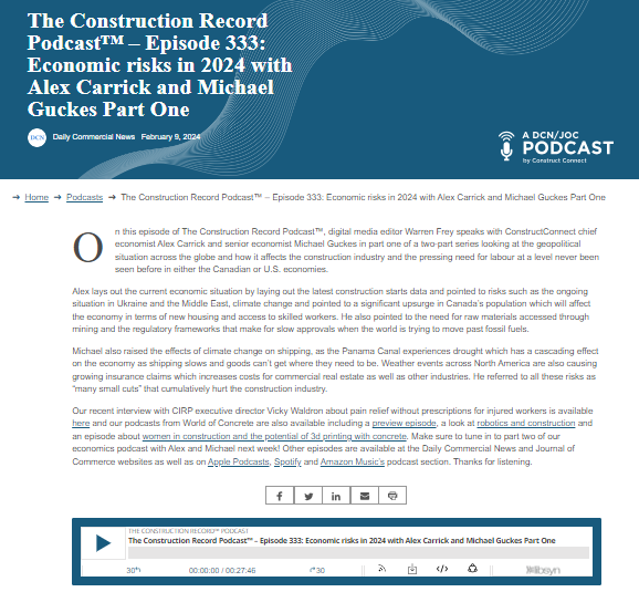 Alex_Carrick's tweet photo. The #Construction Record Podcast - Michael &amp; I speaking on Risks to the #Economy     https://t.co/3xLzCy9Bt4 #banking #business #developers #steel #lumber #cement #inflation #recession #ConstructConnx @JOCFrey @ConstructConnx @DCN_Canada https://t.co/hCPu1IQS30