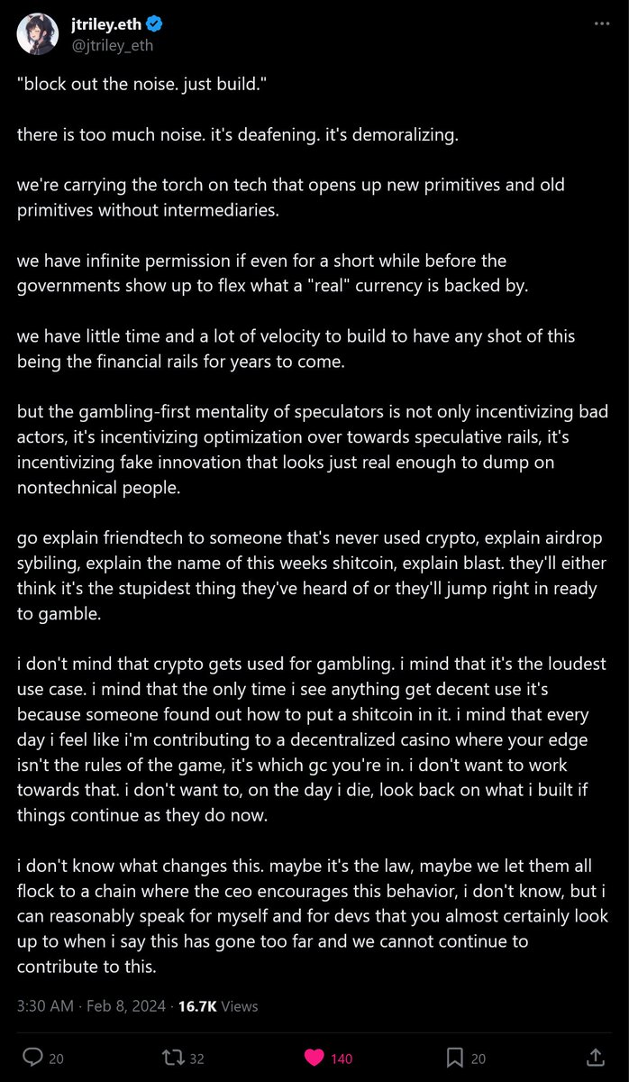 joddoss's tweet image. I want to be a piston in the machine that tears down the edifice of a defective financial system. I want to be a brick in the ziggurat of decentralization. I don’t want to get rich quick
The amount of talent & time that’s wasted in this circular firing squad is self-sabotage