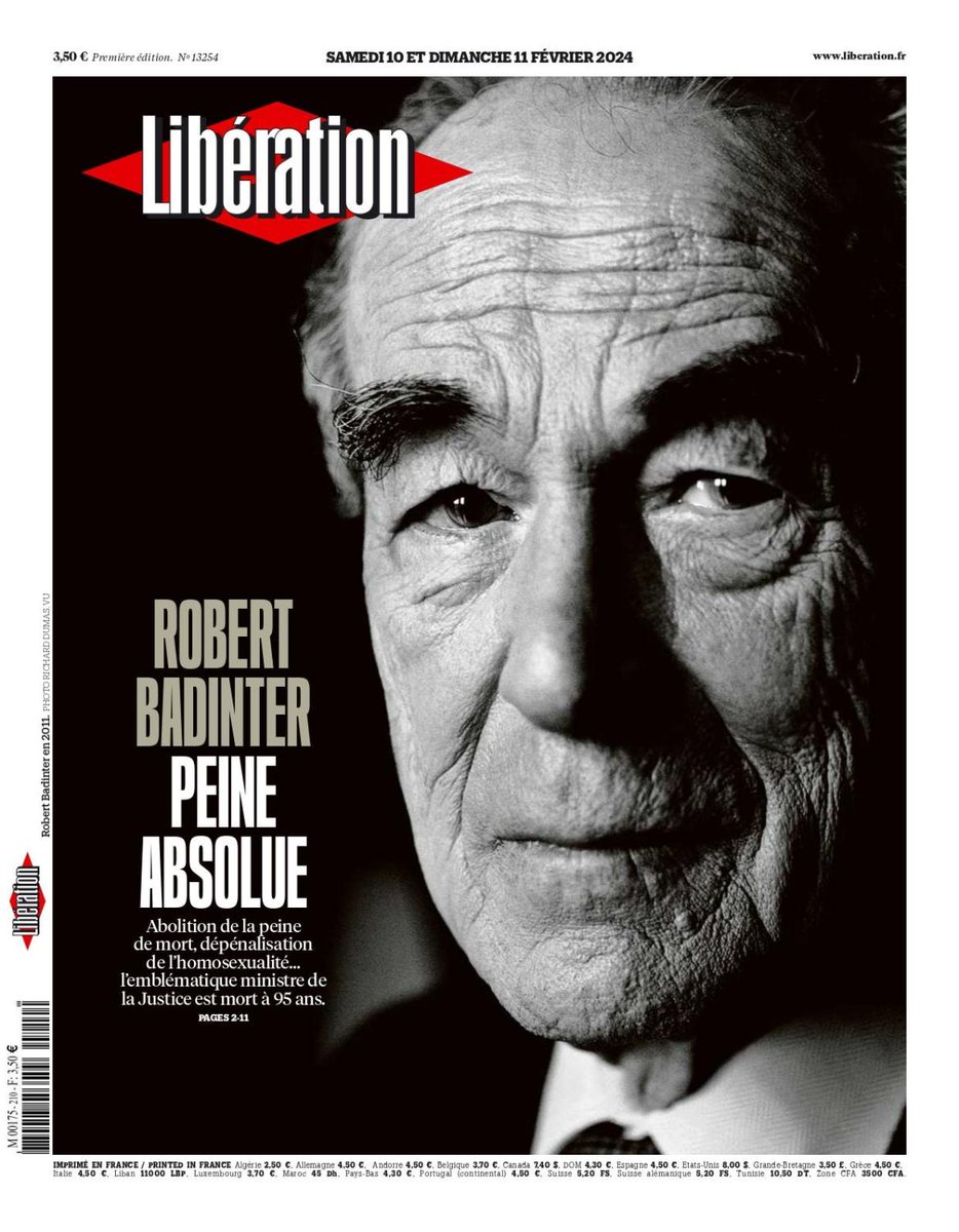 ⚫ Robert Badinter : peine absolue

C'est la une de @Libe ce week-end

Lire : journal.liberation.fr