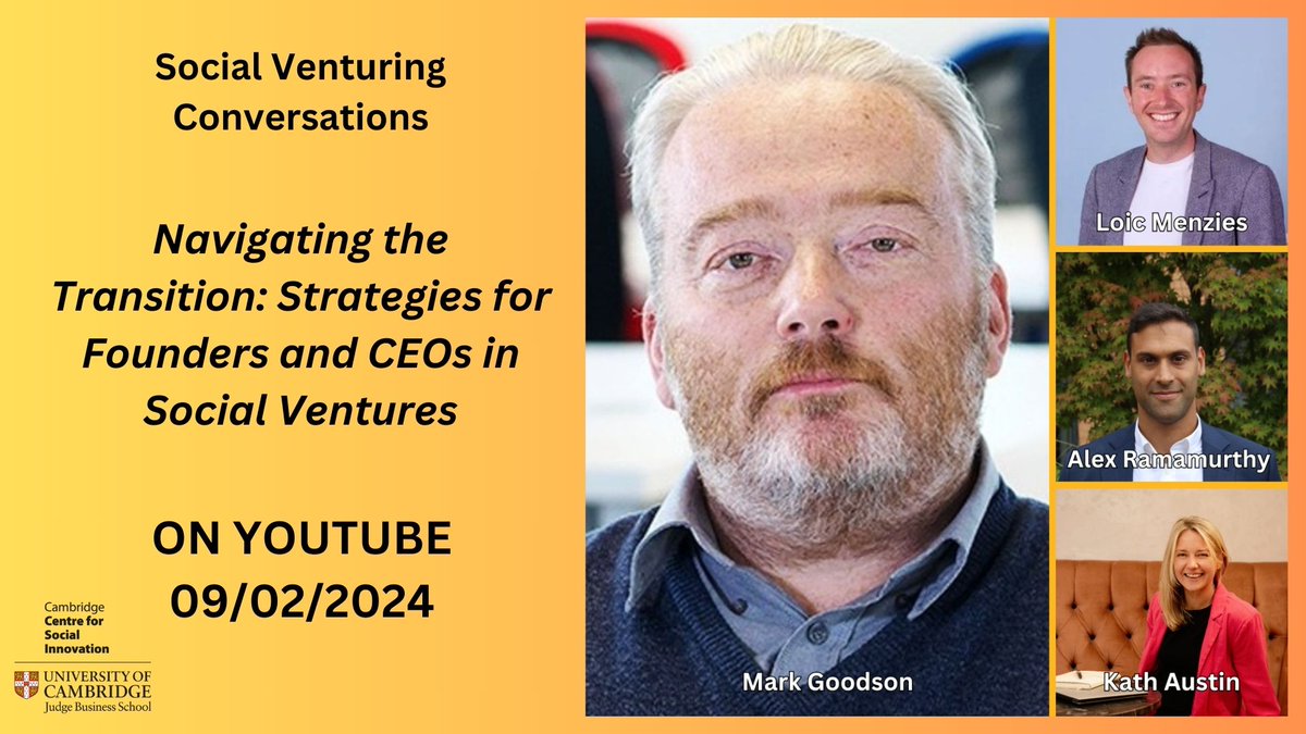Cambridge Social Ventures (@camsocvent) on Twitter photo Navigating the transition: strategies for founders and CEOs in social ventures
Social entrepreneurs <a href="/LoicMnzs/">Loic Menzies</a>, <a href="/AlexRamamurthy/">Alex Ramamurthy</a>, and <a href="/Kath_BeeBee/">Kath Austin</a> joined <a href="/CamSocVent/">Cambridge Social Ventures</a>'s <a href="/markg/">Mark Goodson</a> to discuss the challenges of moving on from their first social ventures.
Watch - youtu.be/Z_Pjds0MJjQ?si⦠Navigating the transition: strategies for founders and CEOs in social ventures
Social entrepreneurs <a href="/LoicMnzs/">Loic Menzies</a>, <a href="/AlexRamamurthy/">Alex Ramamurthy</a>, and <a href="/Kath_BeeBee/">Kath Austin</a> joined <a href="/CamSocVent/">Cambridge Social Ventures</a>'s <a href="/markg/">Mark Goodson</a> to discuss the challenges of moving on from their first social ventures.
Watch - youtu.be/Z_Pjds0MJjQ?siā¦