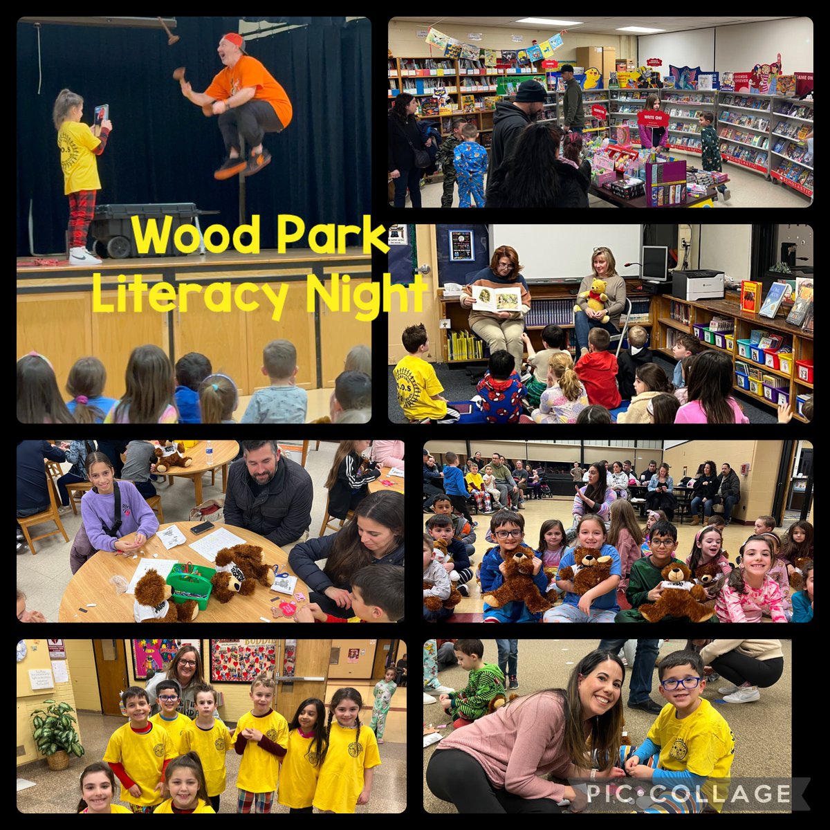 WP's Literacy Night was packed with action! Jester Jim was very entertaining. Our students enjoyed snuggling up with their stuff-a-bears for some great read aloud stories. Thank you to the PTA for our "Reading is "Beary" fun" craft. #WoodPark #LiteracyNight #CommackSchools #WPPTA