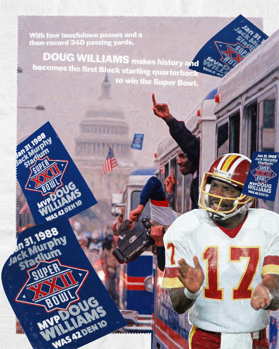 In 1988, Doug Williams became the first black QB to start and win a Super Bowl–he also scored 4 TDs and took home the Super Bowl MVP.

An #HBCU alum from <a href="/Grambling1901/">Grambling State Univ</a>, Williams enjoyed a long career as a coach and front office exec and founded the <a href="/BCFHOF/">BlackCollegeFootball</a>.
 
#BlackHistoryMonth