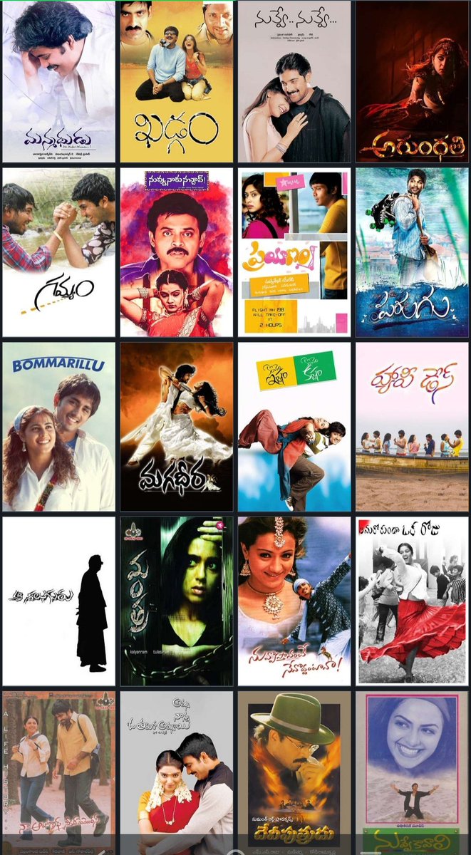 My fav 20 Telugu movies between 2000 - 2009 (NON JrNTR list)

1. Manmadhudu
2. Khadgam
3. Nuvve Nuvve
4. Arundathi
5. Gamyam
6. Nuv Naku Nachav
7. Prayanam
8. Parugu
9. Bommarillu
10. Magadheera
11. Koncham Istam Koncham Kastam
12. Happy Days
13. Aa Naluguru
14. Mantra