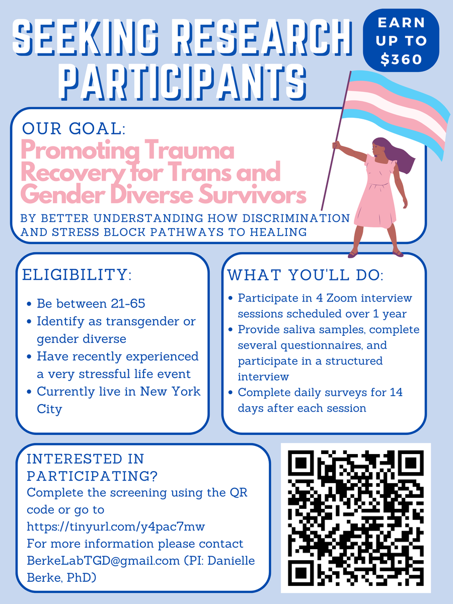 lab_berke's tweet photo. Are you transgender or gender diverse &amp; recently experienced a very stressful life event?

Earn up to $360 by participating in a #ResearchStudy promoting trauma recovery in #trans &amp; gender diverse folks  

Please RT &amp; see if you're eligible: https://t.co/DCaiAiyL9I 
#psychchatter https://t.co/pZnZZjoM8b
